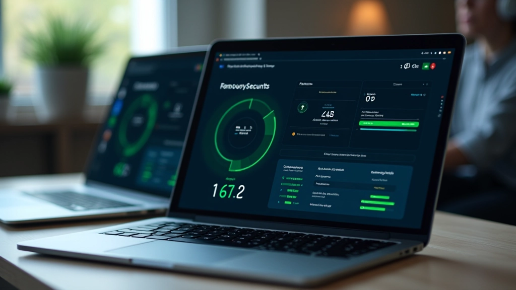 Laptop screen showing security dashboard with encryption status and GDPR compliance indicators active
