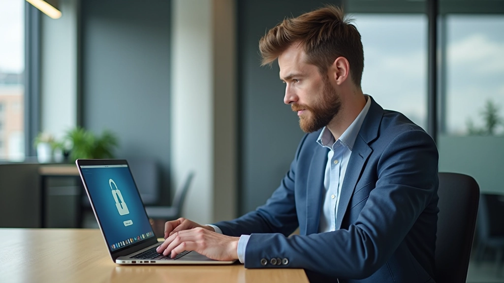 Person setting up VPN on laptop with security settings visible on screen
