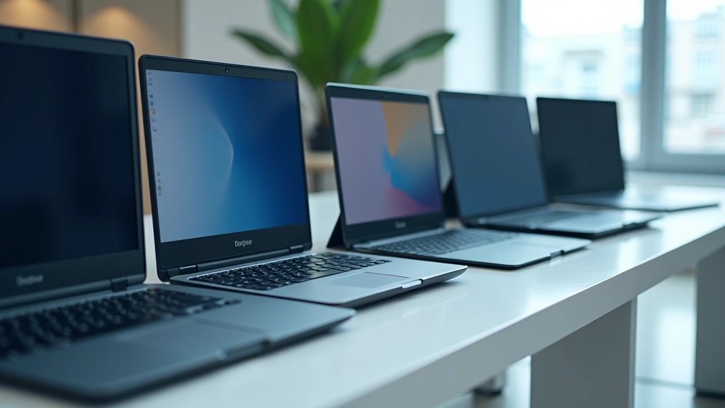 Multiple rugged laptops arranged on desk showing different screen sizes and bezels during performance testing