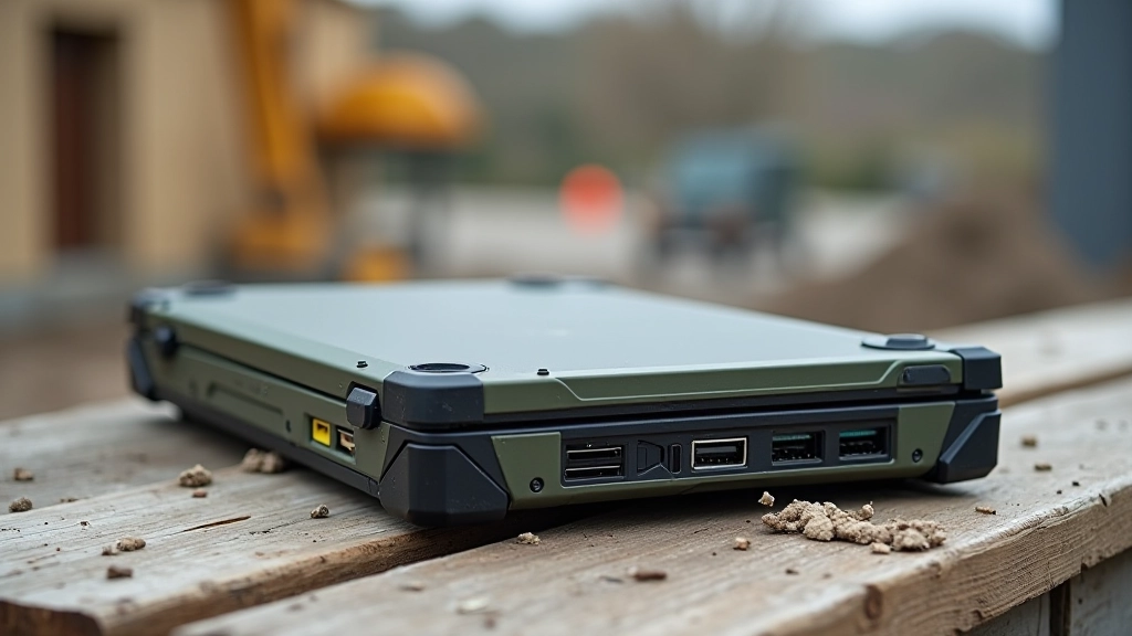 Professional rugged laptop with sealed ports and reinforced hinges displayed on weathered work surface