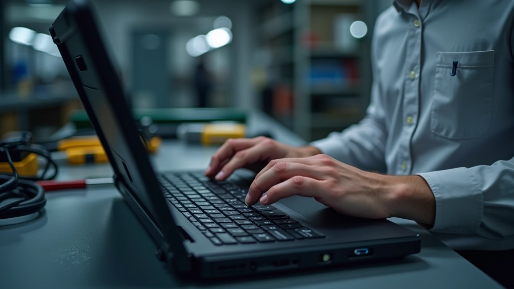 Technician performing maintenance on rugged laptop showing access panels and internal components